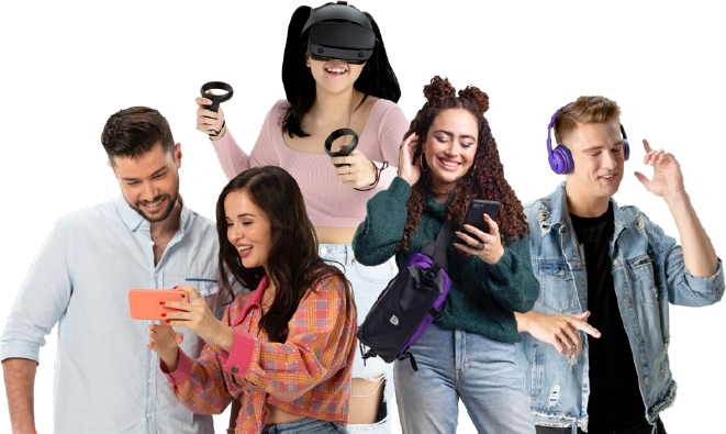 two people looking at phone, one girl using a virtual reality set, and two people listening to music