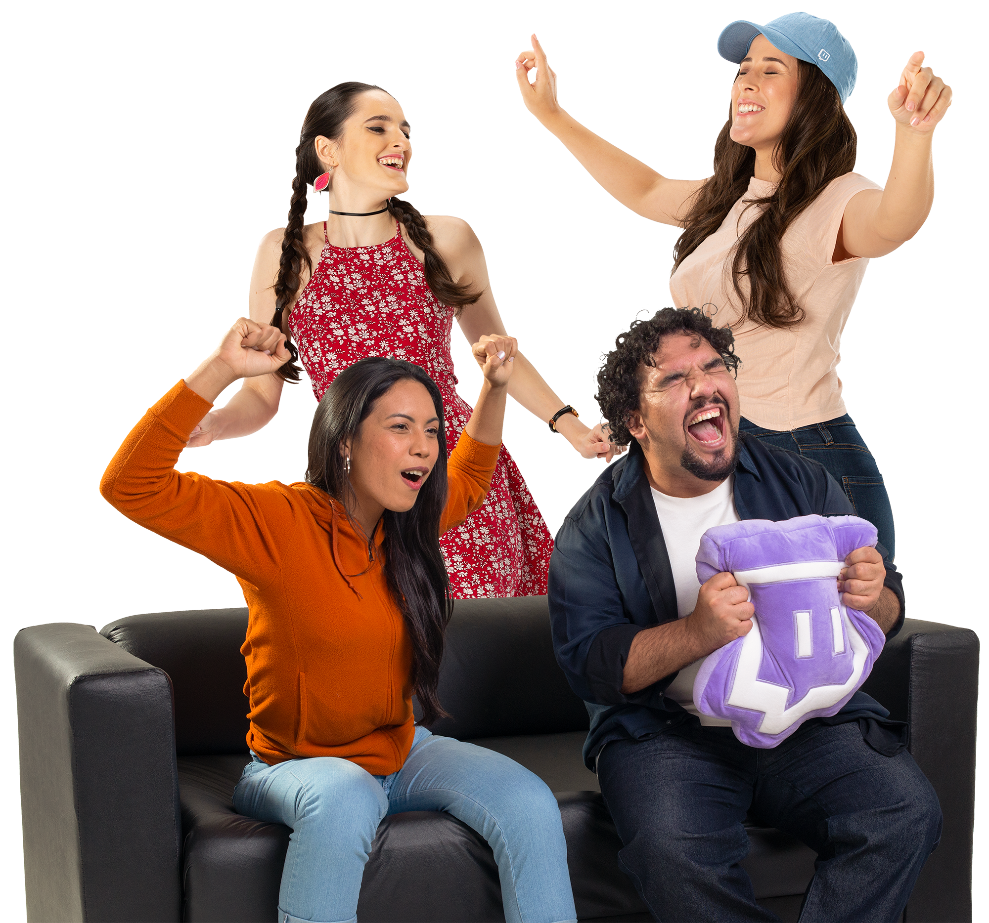 Group of people sitting on a couch cheering
